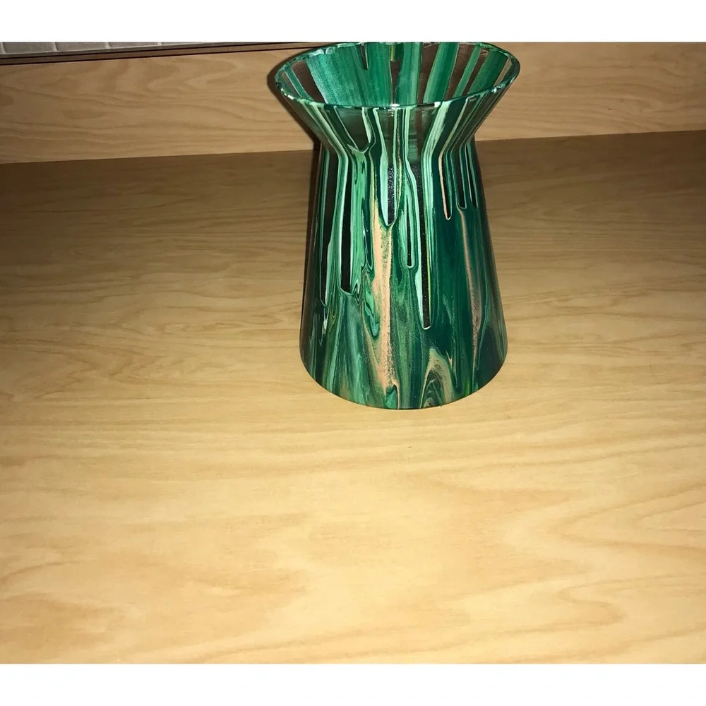 Hand made artisan glass  painted green flower vase